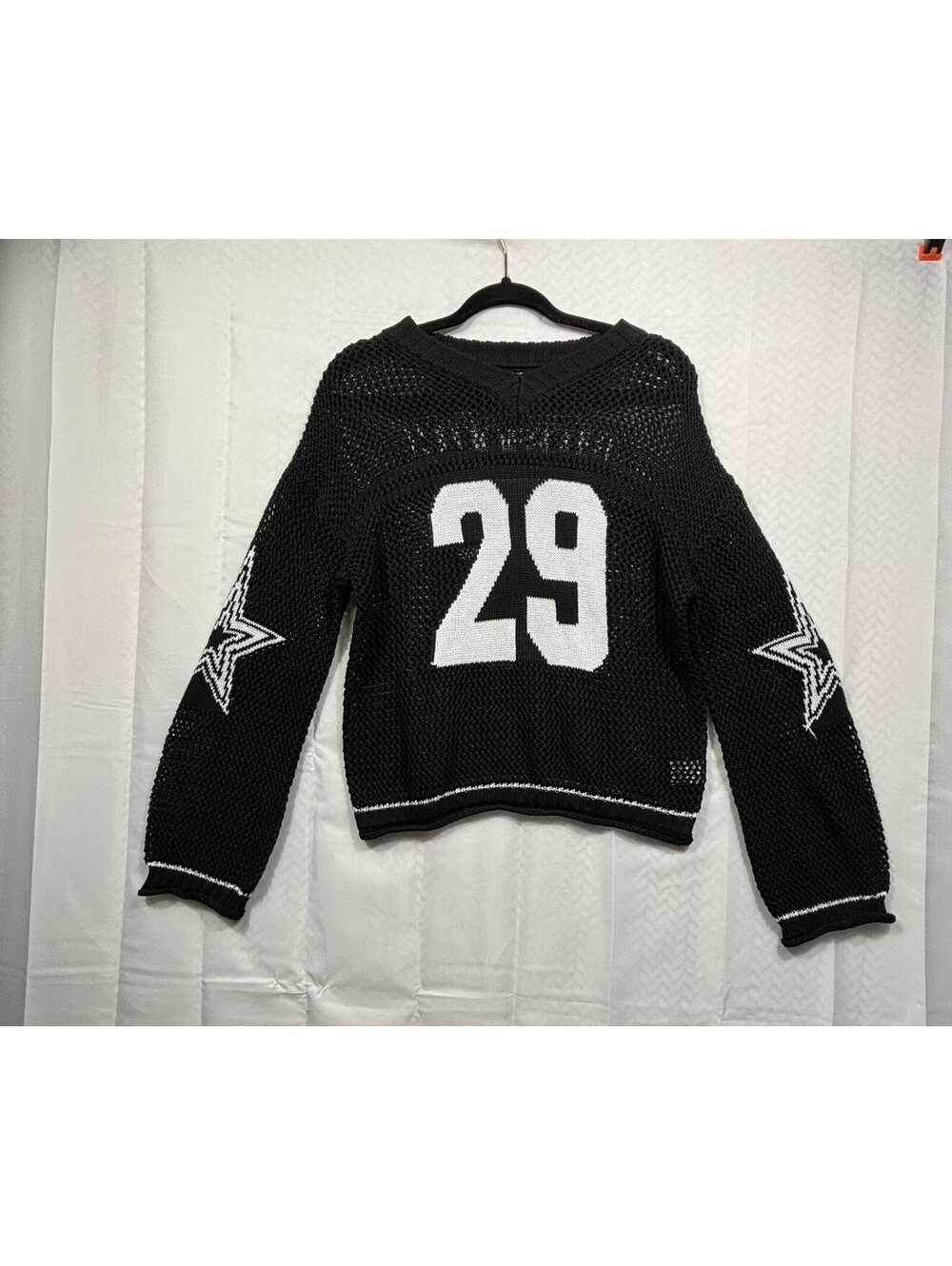 Black Mesh Knit Sweater with Number 29 and Star Sleeve Design